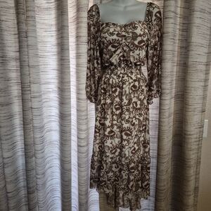 Boho Cream & Brown Paisley High-Low Maxi Dress